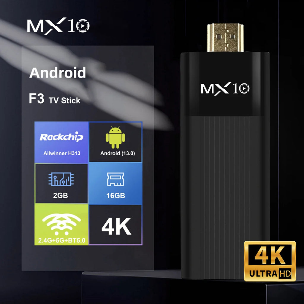 TV Stick Android MX10-F3 – 4K Full HD, Dual Wi-Fi 2.4/5G, 2GB RAM + 16GB