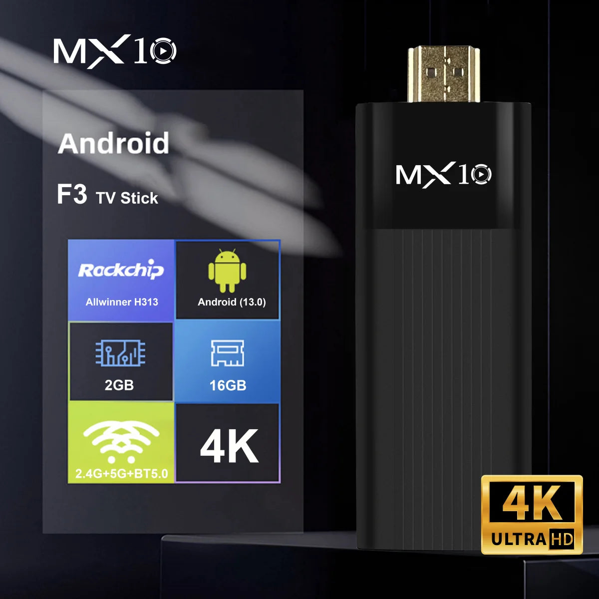 TV Stick Android MX10-F3 – 4K Full HD, Dual Wi-Fi 2.4/5G, 2GB RAM + 16GB