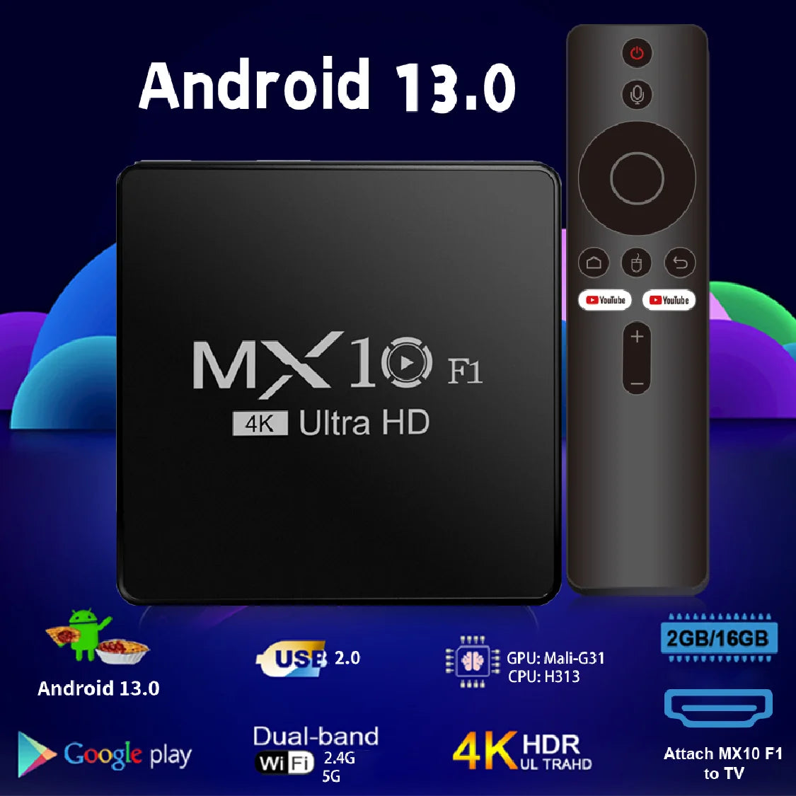 Android TV Box MX10 F1 – Android 13, 2GB RAM, 16GB, Wi-Fi 2.4G + Bluetooth 5.0