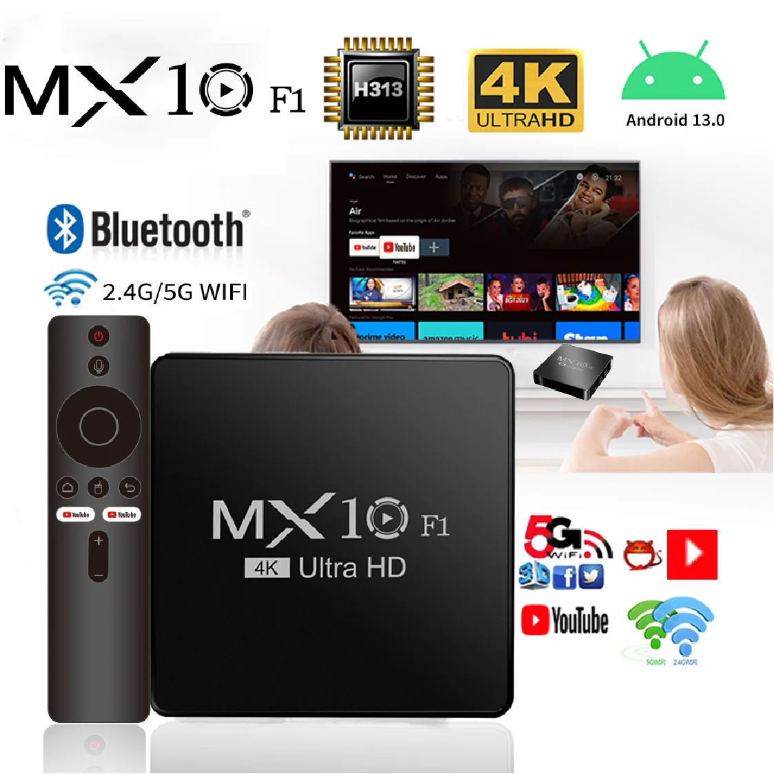 Android TV Box MX10 F1 – Android 13, 2GB RAM, 16GB, Wi-Fi 2.4G + Bluetooth 5.0