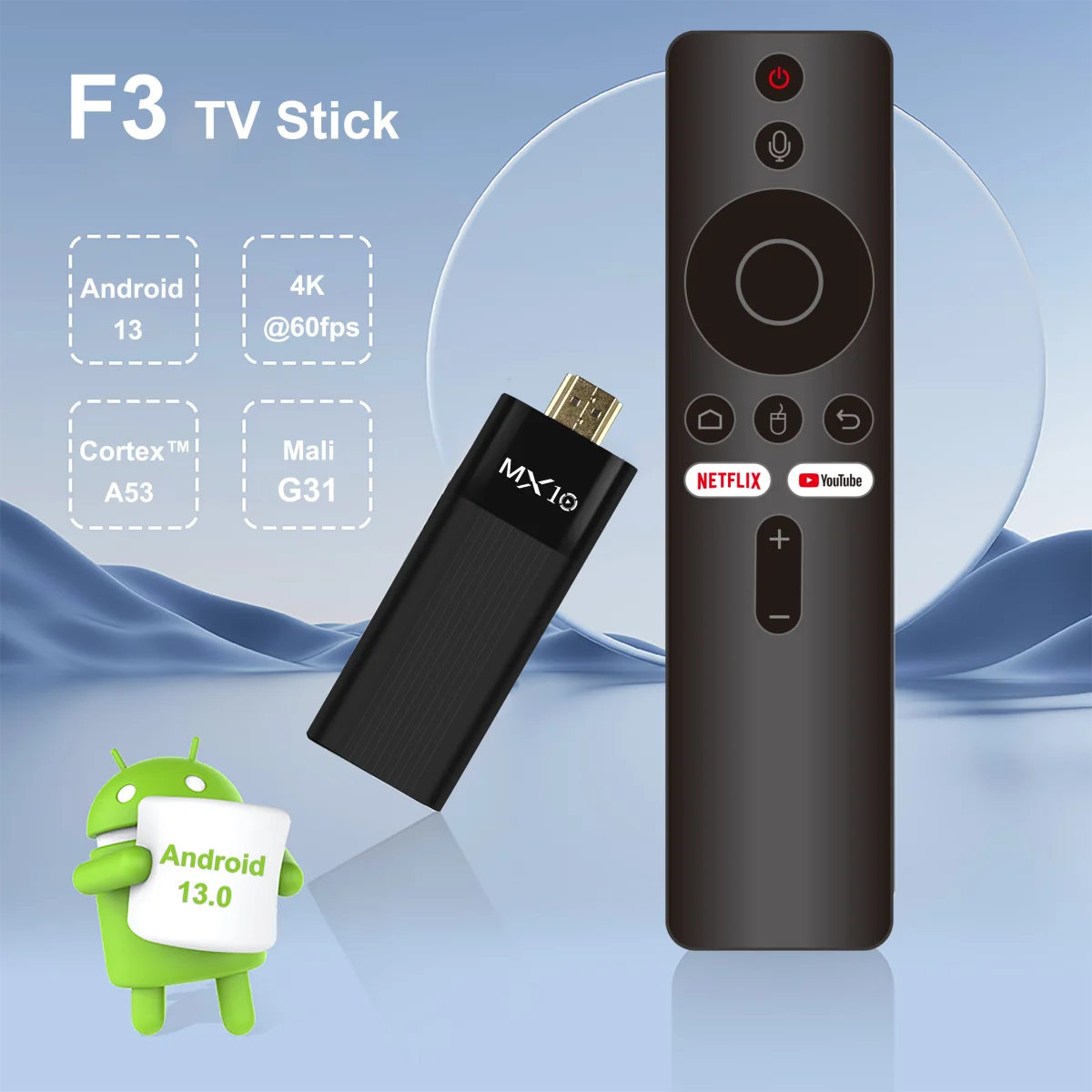 TV Stick Android MX10-F3 – 4K Full HD, Dual Wi-Fi 2.4/5G, 2GB RAM + 16GB