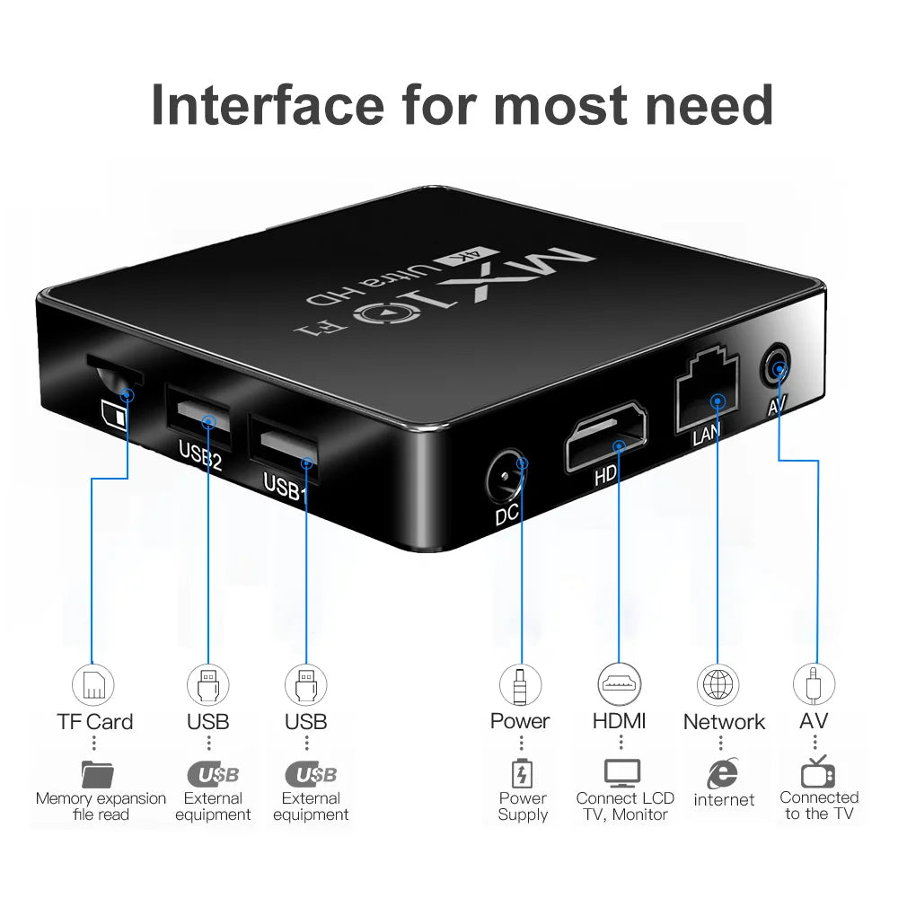 Android TV Box MX10 F1 – Android 13, 2GB RAM, 16GB, Wi-Fi 2.4G + Bluetooth 5.0