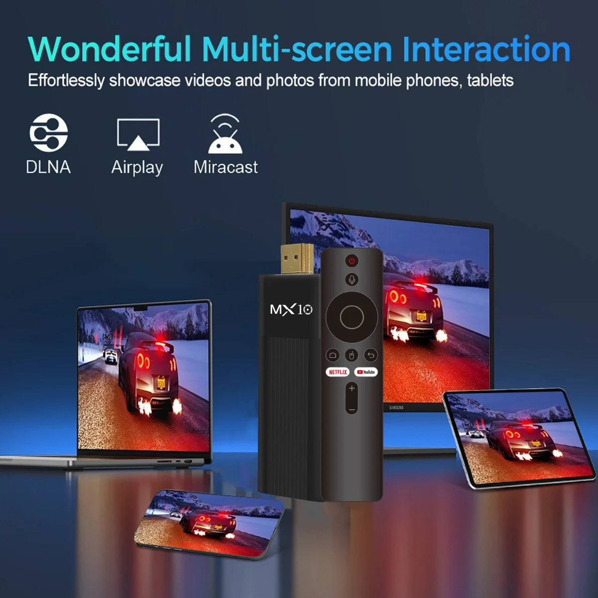 TV Stick Android MX10-F3 – 4K Full HD, Dual Wi-Fi 2.4/5G, 2GB RAM + 16GB