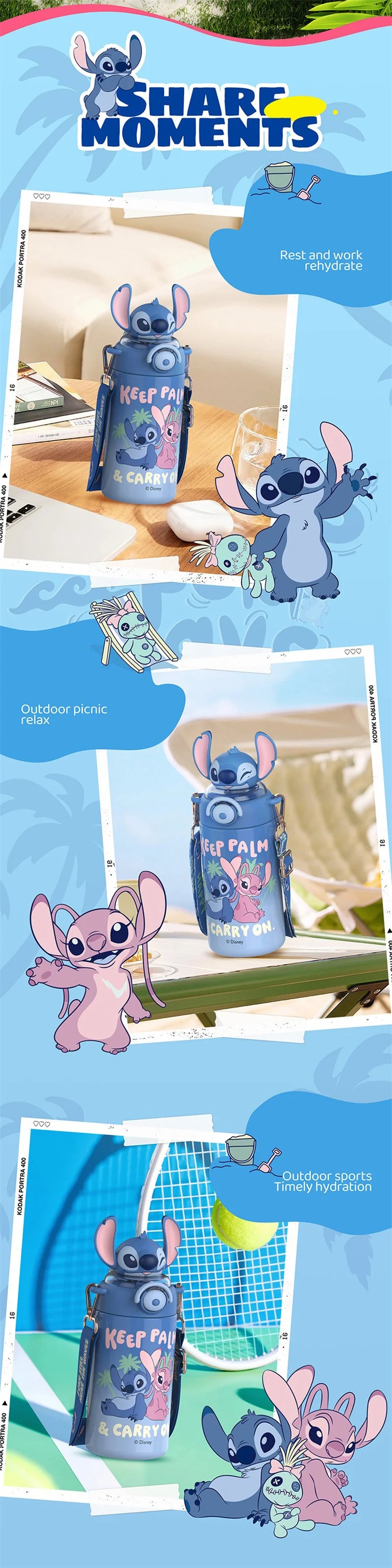 Termo Disney Stitch 600ml | Botella Térmica Acero Inoxidable con Sorbete y Tapa con Seguro