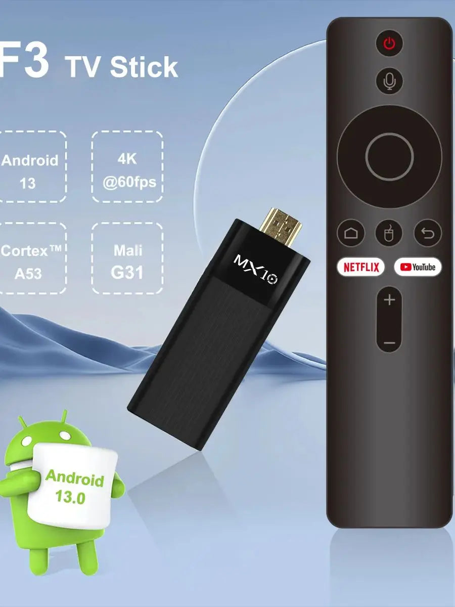 TV Stick Android MX10-F3 – 4K Full HD, Dual Wi-Fi 2.4/5G, 2GB RAM + 16GB