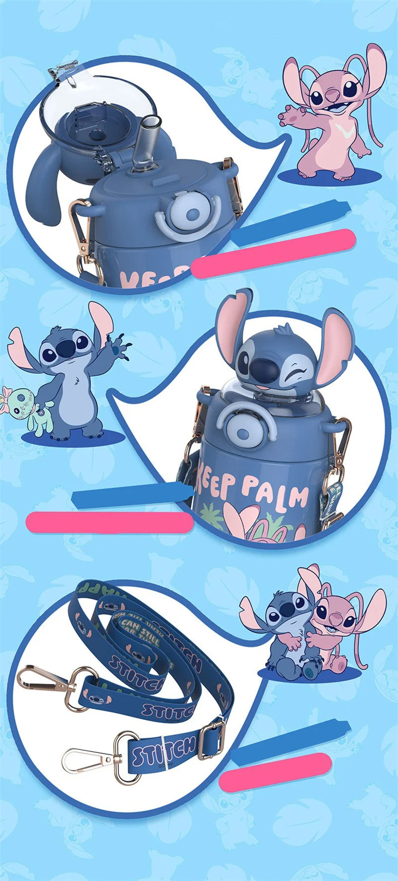 Termo Disney Stitch 600ml | Botella Térmica Acero Inoxidable con Sorbete y Tapa con Seguro