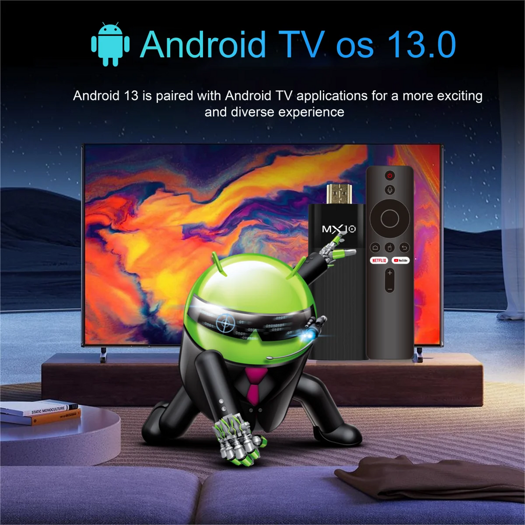 TV Stick Android MX10-F3 – 4K Full HD, Dual Wi-Fi 2.4/5G, 2GB RAM + 16GB