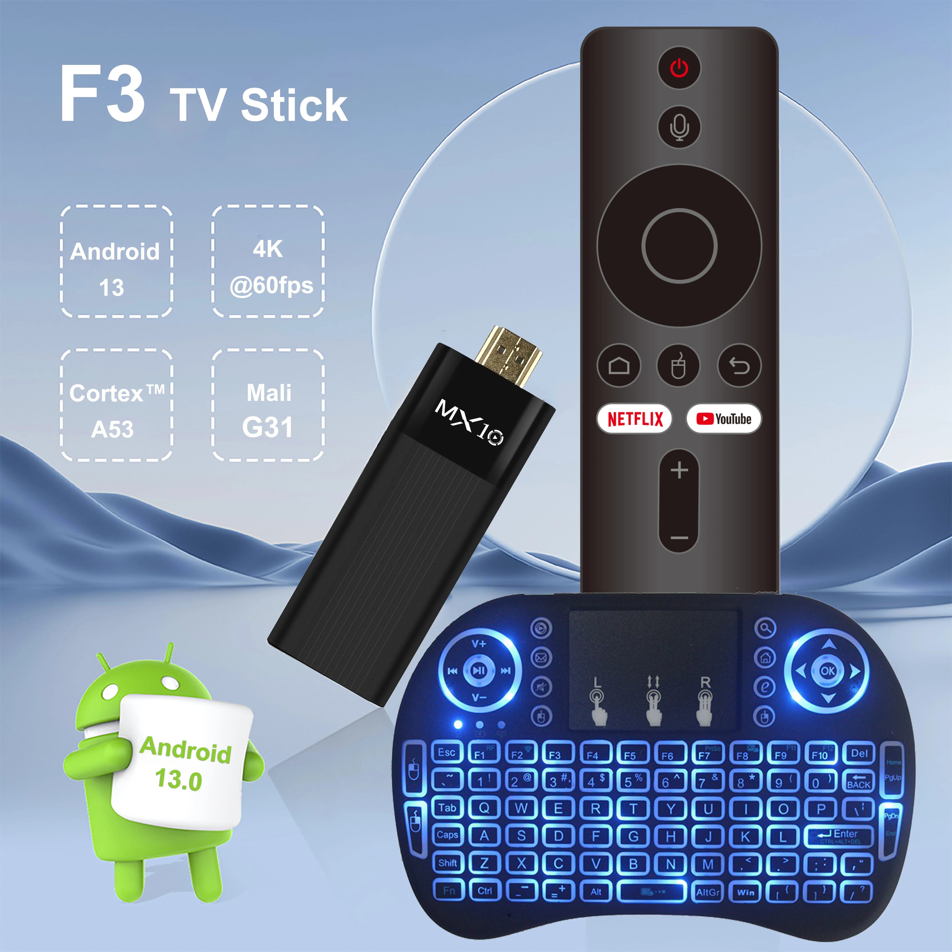 TV Stick Android MX10-F3 – 4K Full HD, Dual Wi-Fi 2.4/5G, 2GB RAM + 16GB