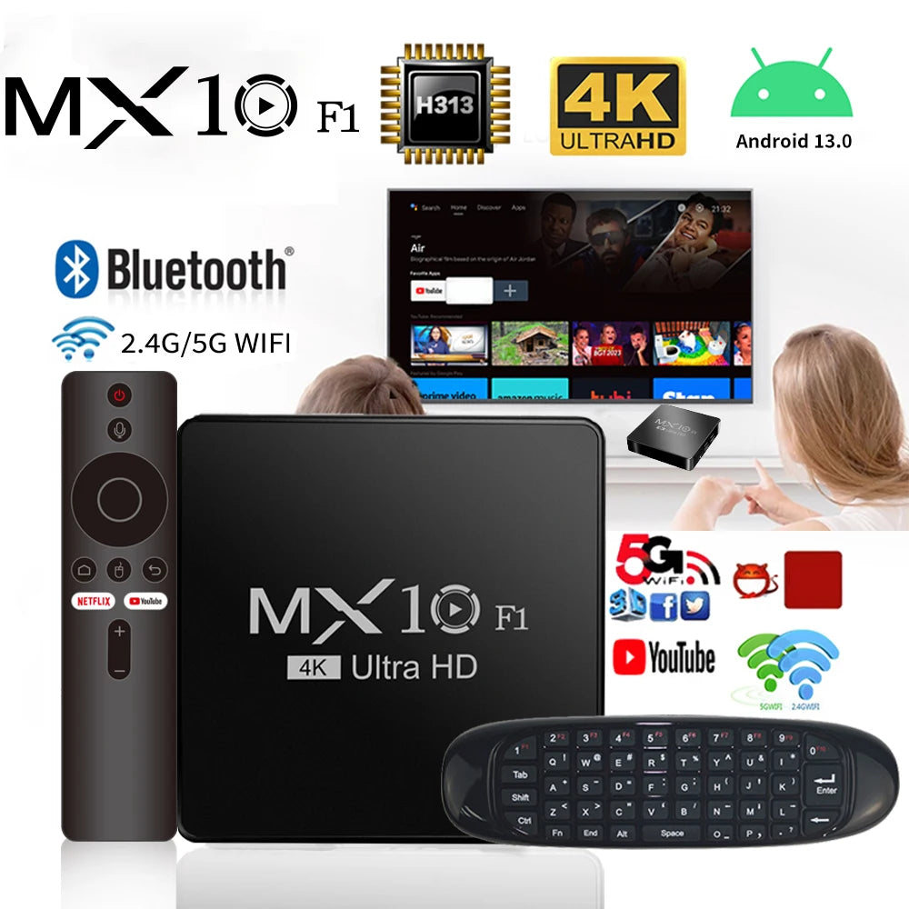 Android TV Box MX10 F1 – Android 13, 2GB RAM, 16GB, Wi-Fi 2.4G + Bluetooth 5.0