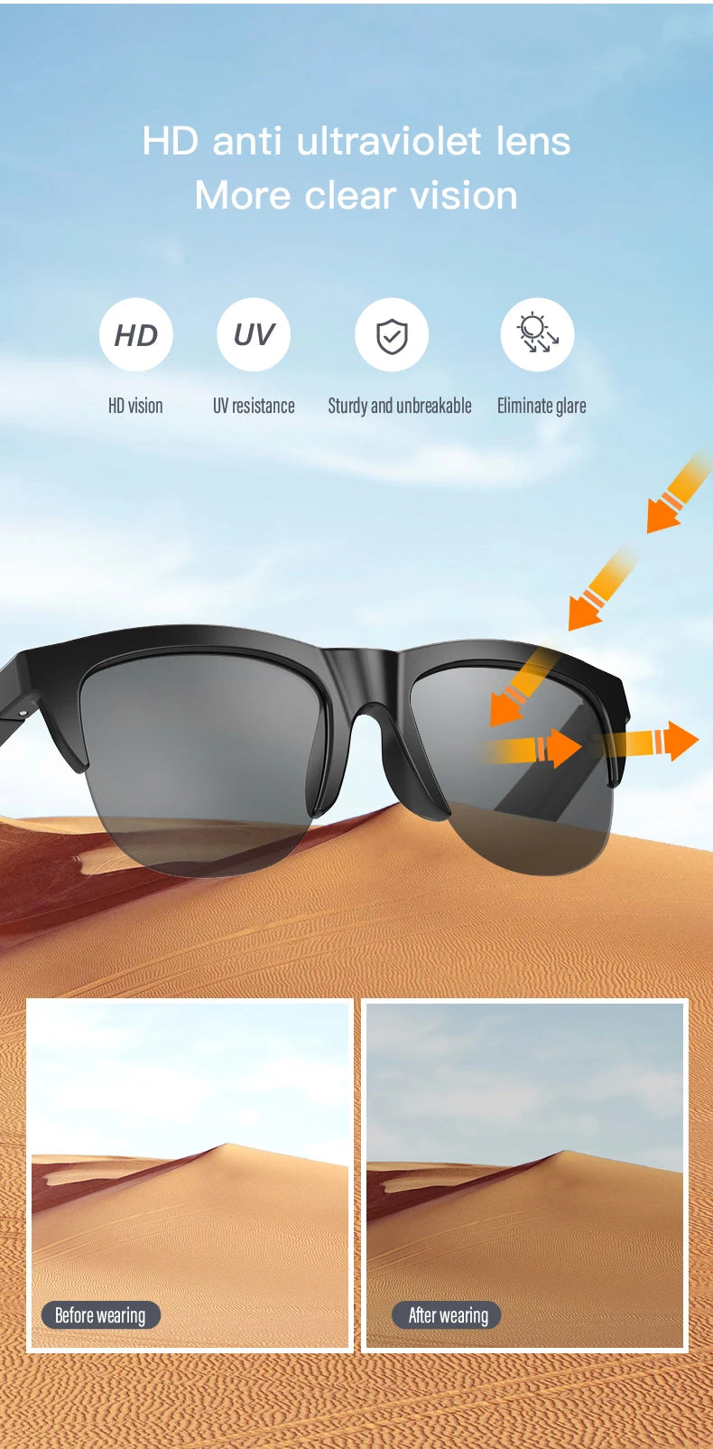 Lentes de Sol Inteligentes con Bluetooth 5.3 – Audífono, Llamadas y Protección UV