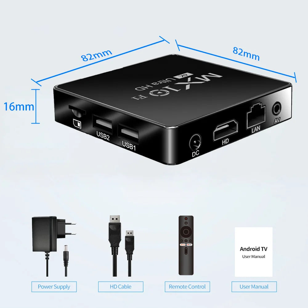 Android TV Box MX10 F1 – Android 13, 2GB RAM, 16GB, Wi-Fi 2.4G + Bluetooth 5.0