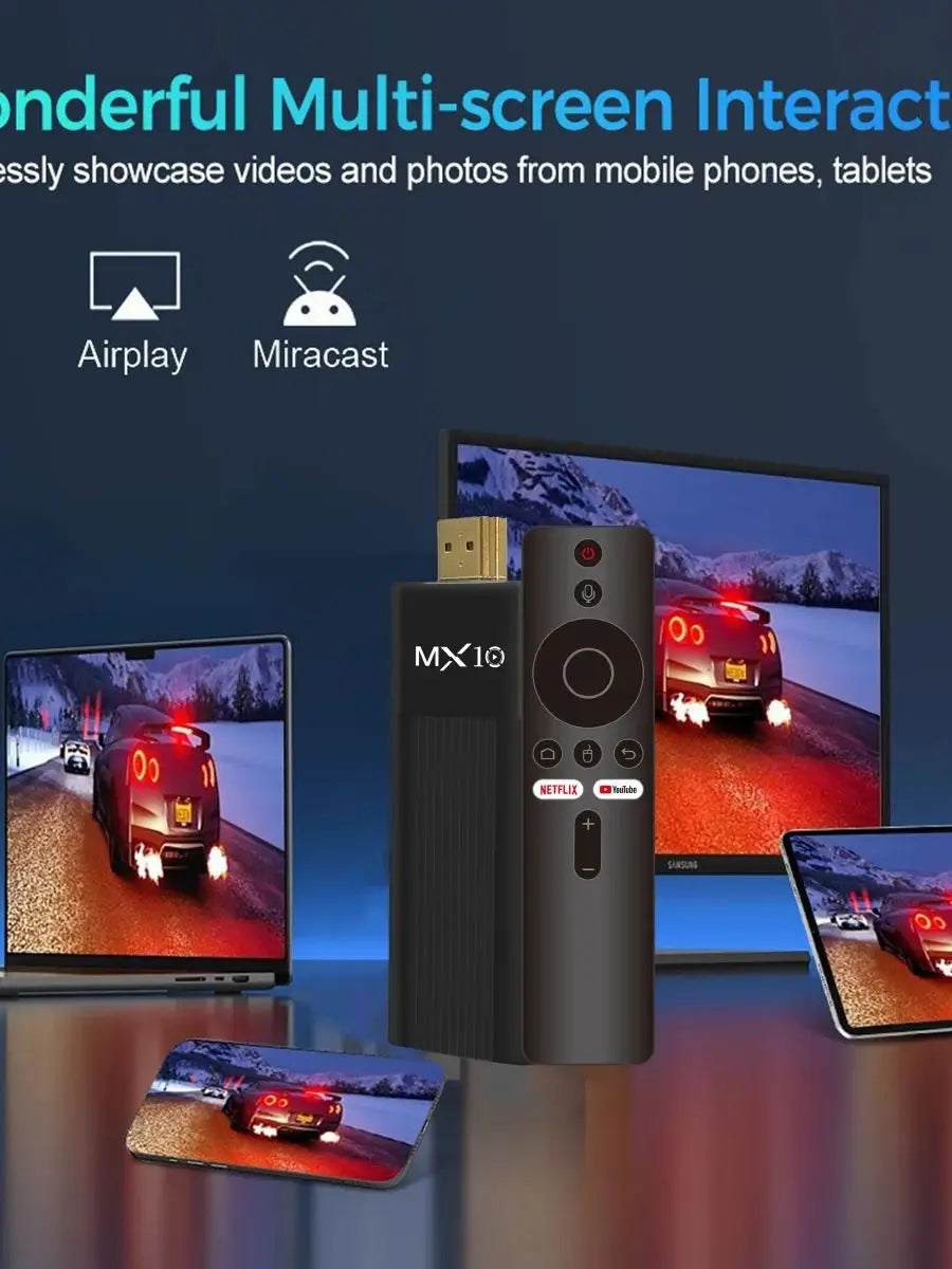 TV Stick Android MX10-F3 – 4K Full HD, Dual Wi-Fi 2.4/5G, 2GB RAM + 16GB